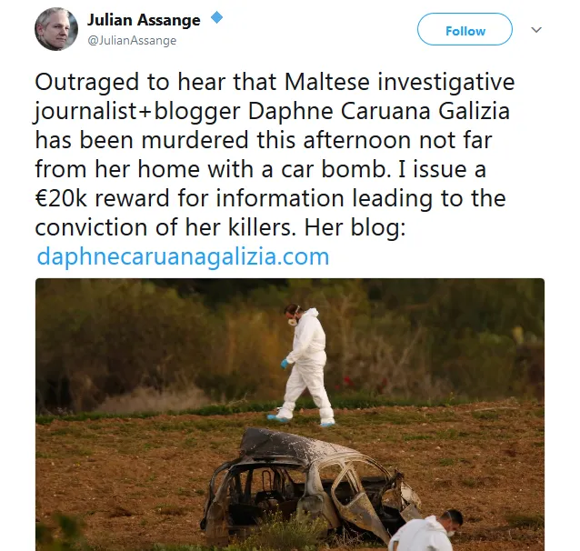 Julian Assange 🔹 on Twitter Outraged to hear that Maltese investigative journalist blogger Daphne Caruana Galizia has been murdered this afternoon not far from her home… https t.co OBrzFhNZPh .png