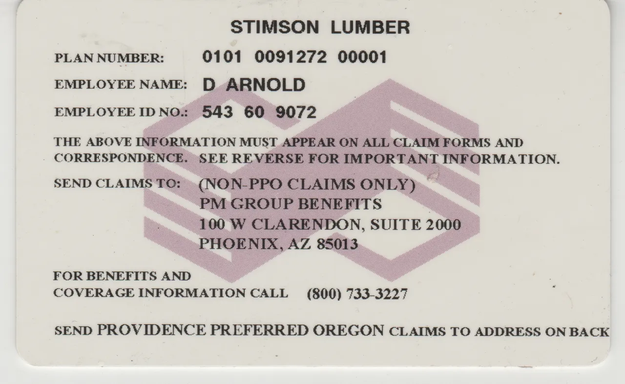 1994 maybe - Stimson Lumber Employee ID Card - Don Arnold 0101 0091272 00001 - Employee ID No. 543 60 9072-1.jpg