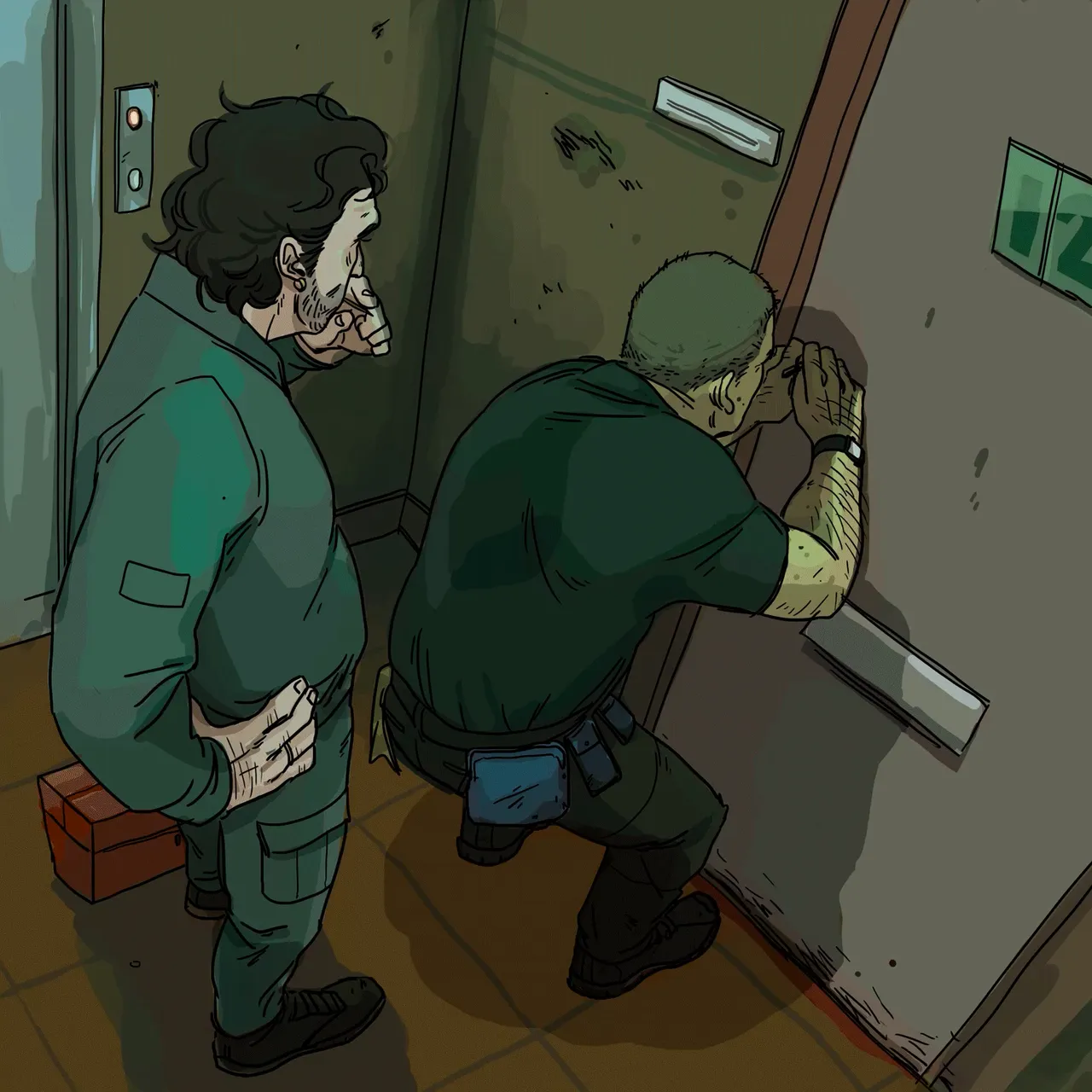 there's always something horrible going on behind locked doors. sometimes someone has to break in to help you out. but do they want to know what's really going on? and do you really want the help? Just a surreal scene with a humdrum vibe. https://foundation.app/@artbotas/something-horrible-28877