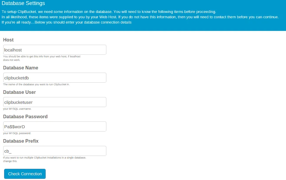 Database Configuration Clipbucket