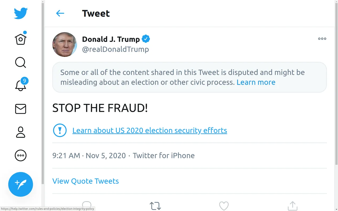 Screenshot at 2020-11-05 10:52:15 Twitter censored Trump's tweet, "STOP THE FRAUD!".png