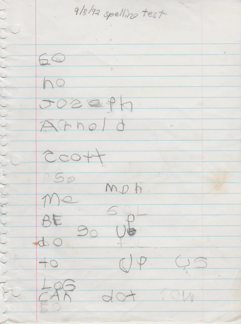 1992-09-08 - Tuesday - Spelling Test - Spelling Letters, Words, and my name, Joseph Arnold.png