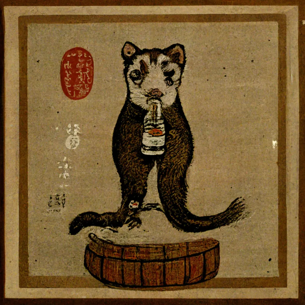 Japanese wood print of an alcoholic ferret