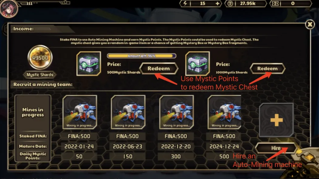 In-game FINA staking interface which generates mystery chests which can drop NFTs