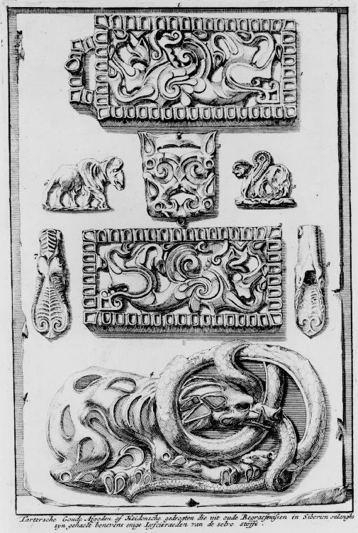 Tartarian Golden Idols or Heathen monsters which were recently taken from ancient burial grounds in Siberia together with some body jewels of the same material, Scythian origin. (Source: Book by Nicolaas Witsen — Noord en Oost Tartarye)