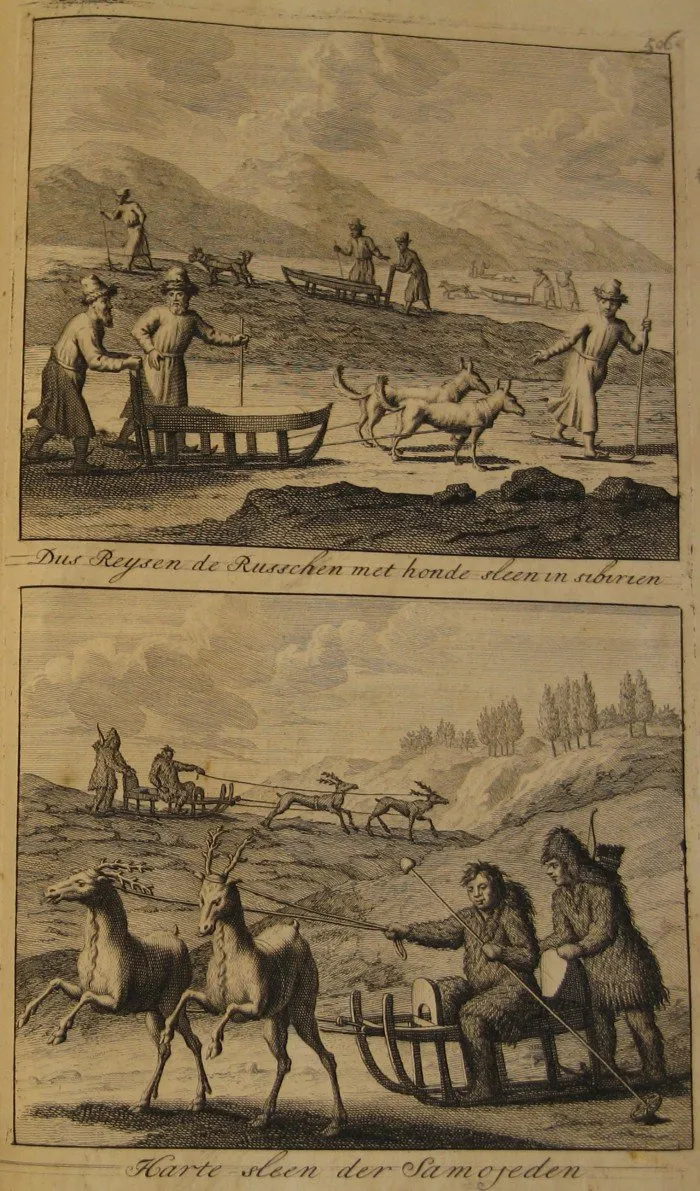 Top: In this way the Russians travel by dog sledge in Siberia. Bottom: Samoyed sledges drawn by deer.