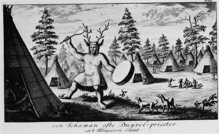 A shaman or Devil-priest in the country of the Tungus. (This is the first picture published in Europe of a Siberian shaman.)