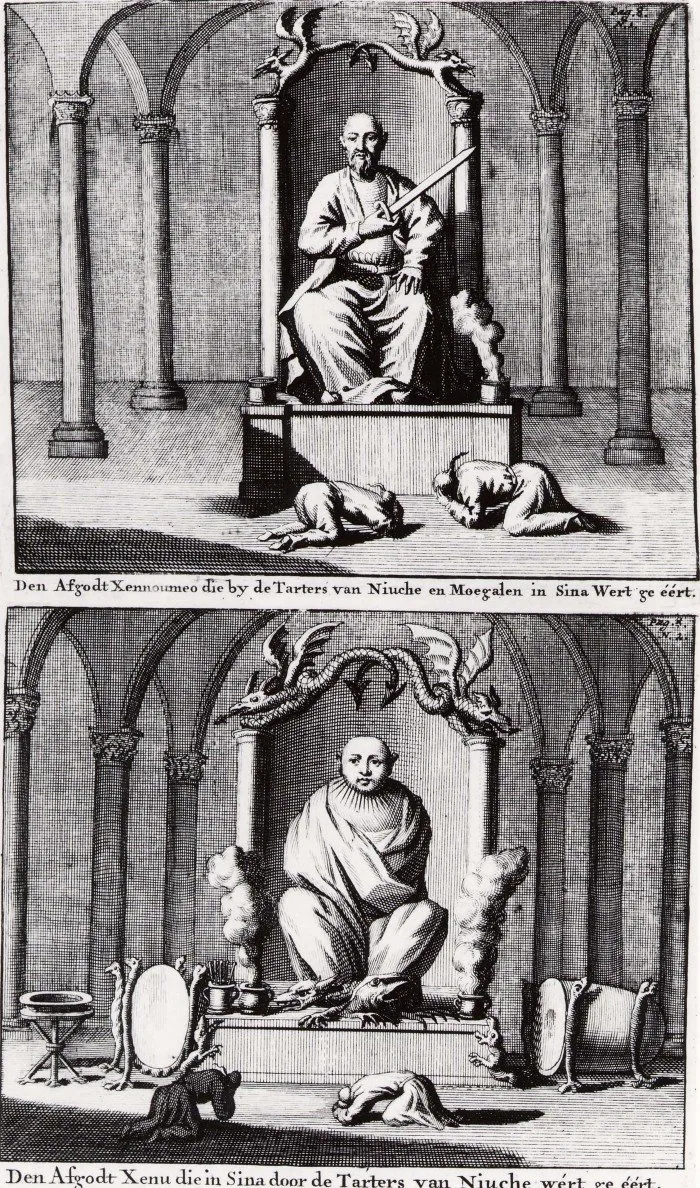 Top: Idol Xennoumeo revered by the Tartars of Niukhe and Mongolia. Bottom: Idol Xenu in China revered by the Tartars of Niukhe.