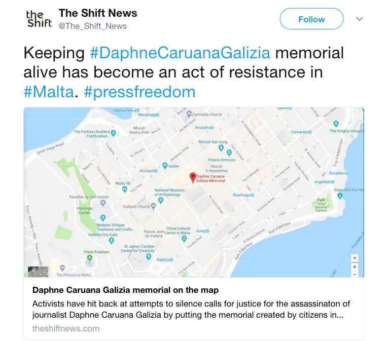 The Shift News on Twitter Keeping DaphneCaruanaGalizia memorial alive has become an act of resistance in Malta. pressfreedom https t.co Rw9amXaeGW .png
