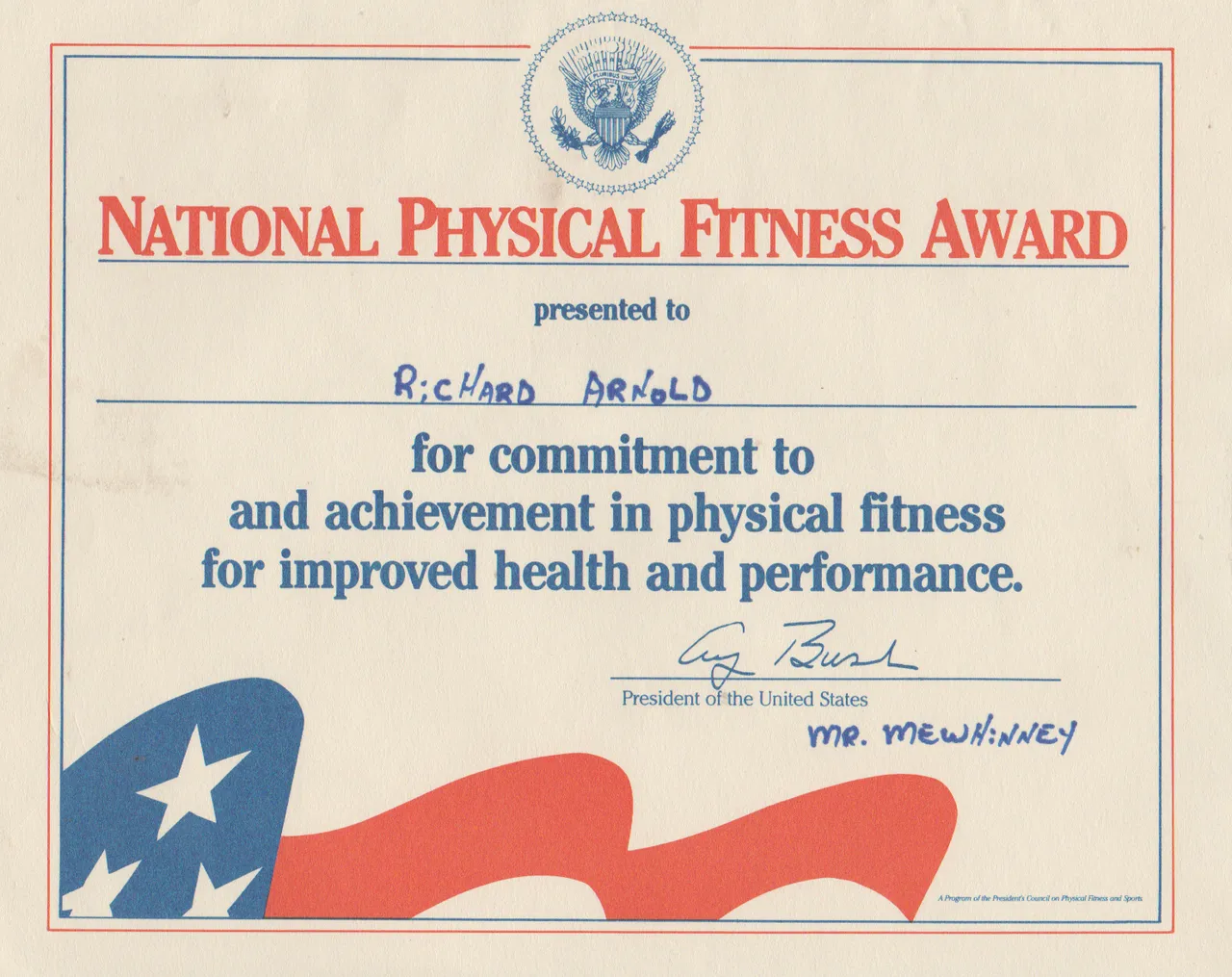 1990s - Physical Fitness Award, Richard Arnold, Mr, Mewhinney.png
