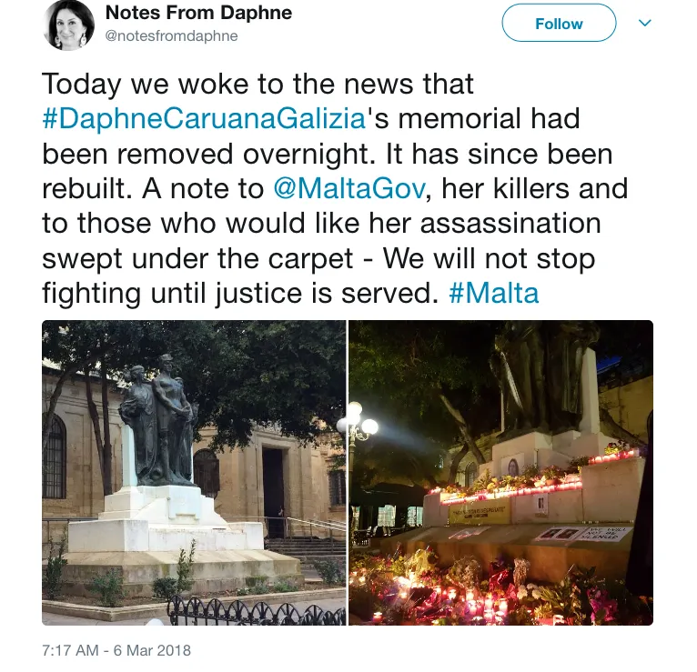 Notes From Daphne on Twitter Today we woke to the news that DaphneCaruanaGalizia s memorial had been removed overnight. It has since been rebuilt. A note to MaltaGov her killers and to those who would like her assa.png