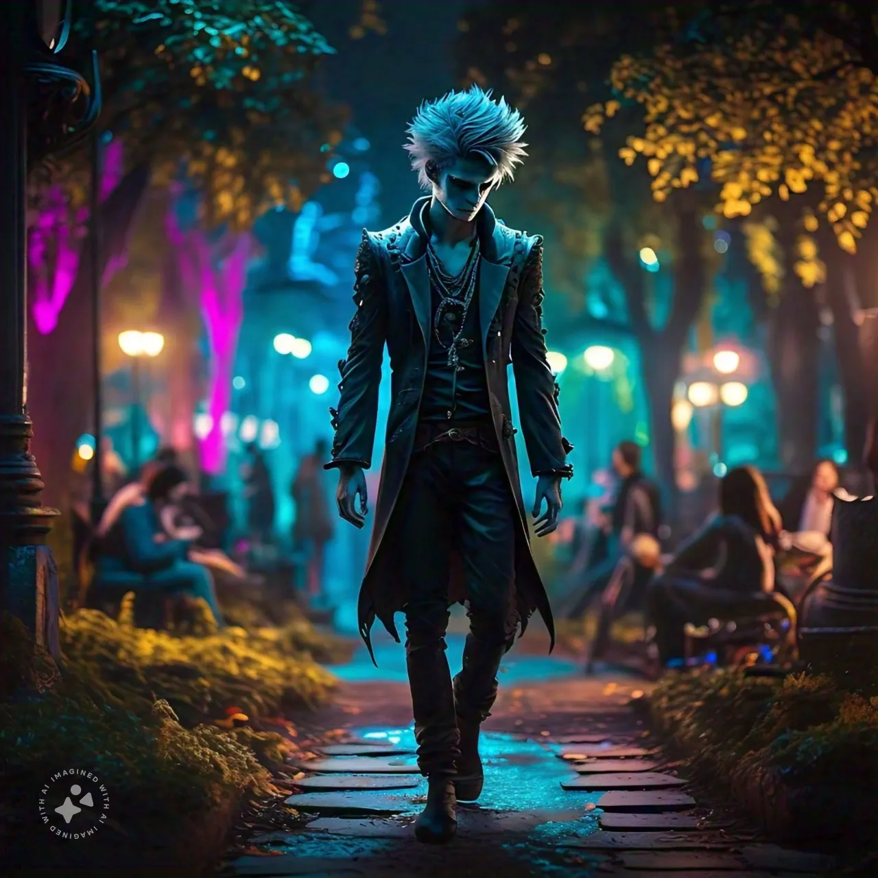 a_calm_ghost_who_looks_like_a_man_walking_at_night_in_a_park_full_of_people_he_wears_dark_clothes_and_he_has_spiky_hair.jpeg