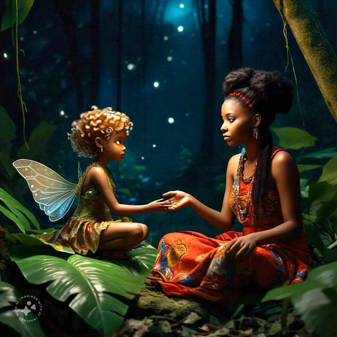 a_tiny_fairy_has_yellow_eyes_and_tanned_skin_with_curly_hair_she_is_seated_on_a_leaf_with_another_native_girl_in_the_woods_at_night.jpeg