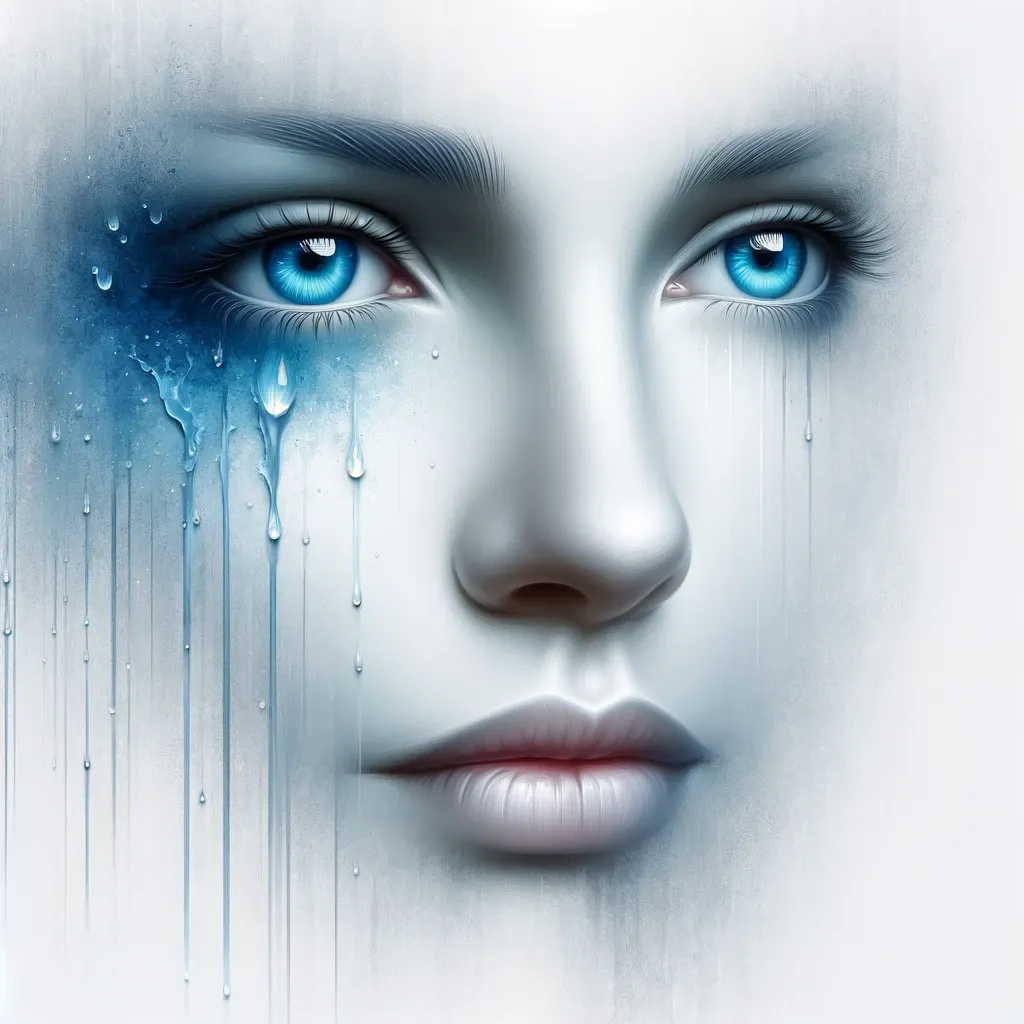 DALL·E 2023-12-27 17.45.09 - An artistic image of a woman with blue eyes that are gently raining, symbolizing depth and emotion. The eyes should be a captivating shade of blue, an.png