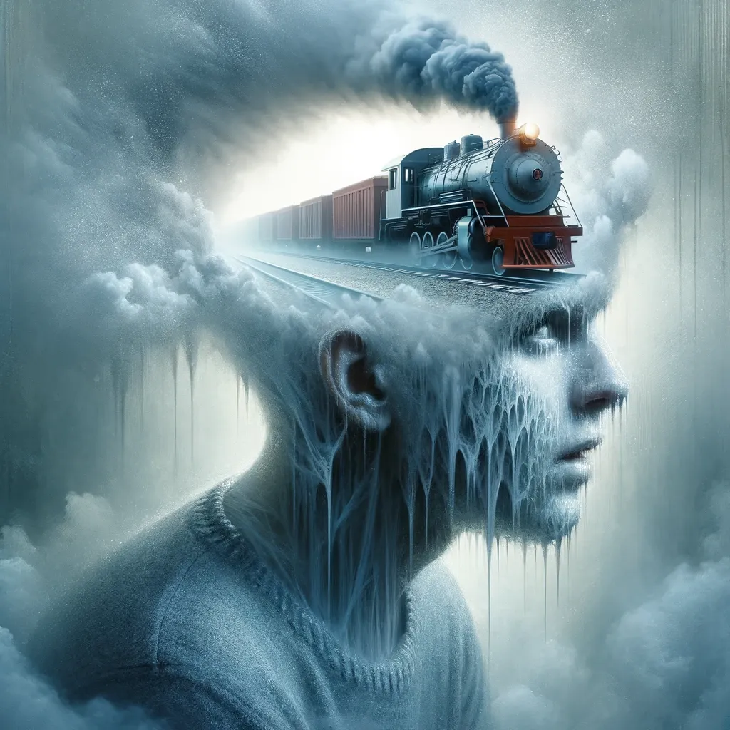 DALL·E 2023-12-27 17.30.01 - A surreal depiction of a freight train running through the middle of a person's foggy head, with the person appearing cold, sweating, and frightened. .png