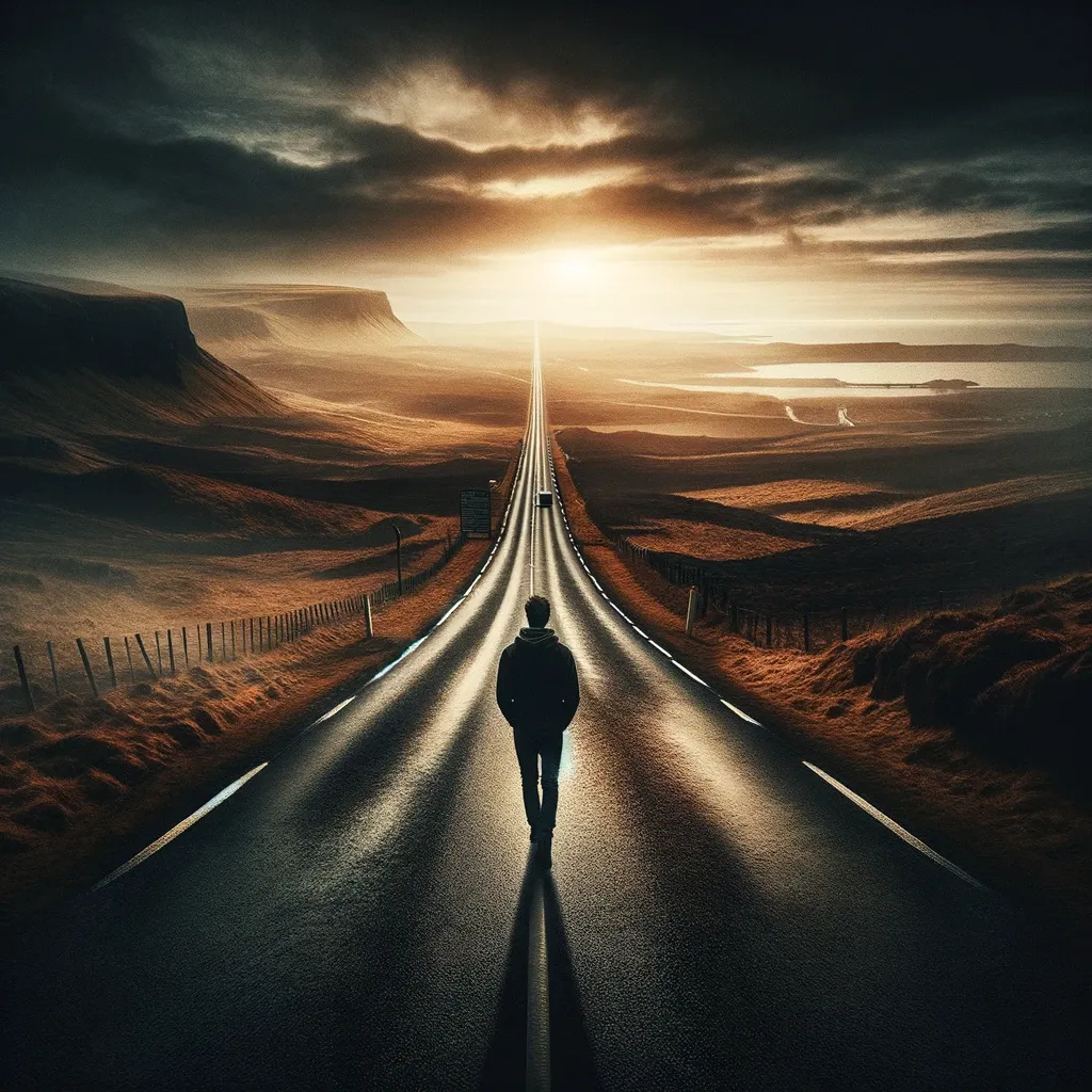 DALL·E 2023-12-27 17.54.51 - A visually striking and emotive image inspired by the lyrics 'I walk a lonely road, the only one that I have ever known' from Green Day's song. The sc.png