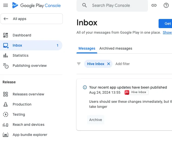 Hive Inbox - 1.1.0 (9) - Google PlayStore Update available