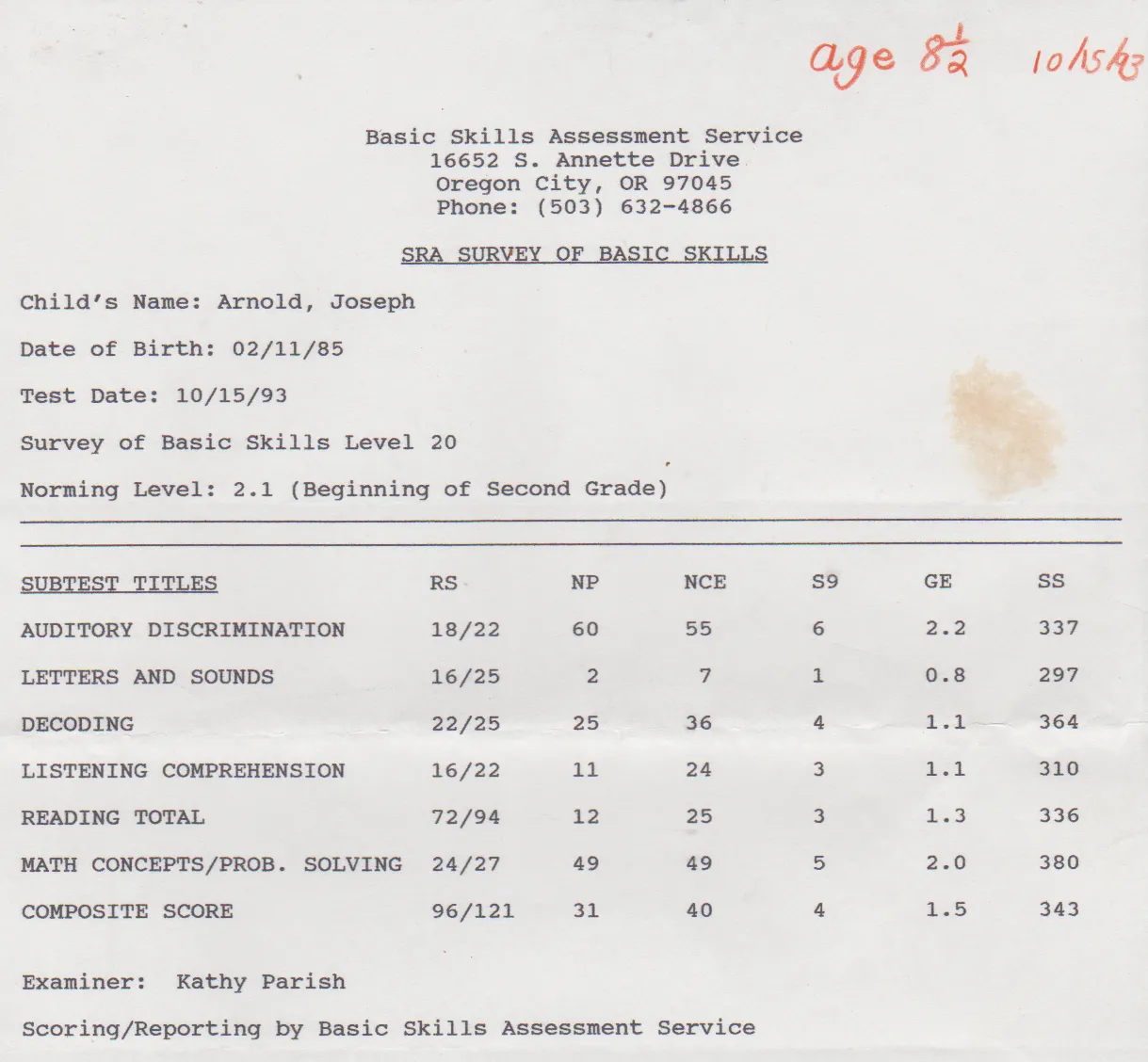 1993-10-15 - Friday - Academic Evaluation of Joey Arnold in Oregon City, 8 and a half years old.png