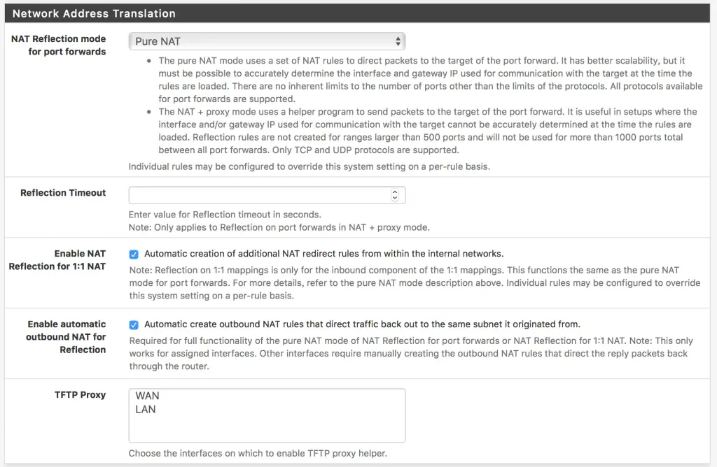 pfSense NAT 高级设置页面，设置为 pure NAT 之后，可在 LAN 访问 WAN 口地址