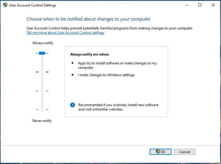 Windows 10 UAC setting