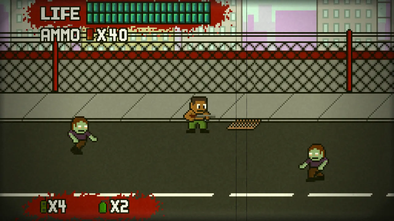 A pixelated shirtless man wielding a shotgun is flanked by two zombies