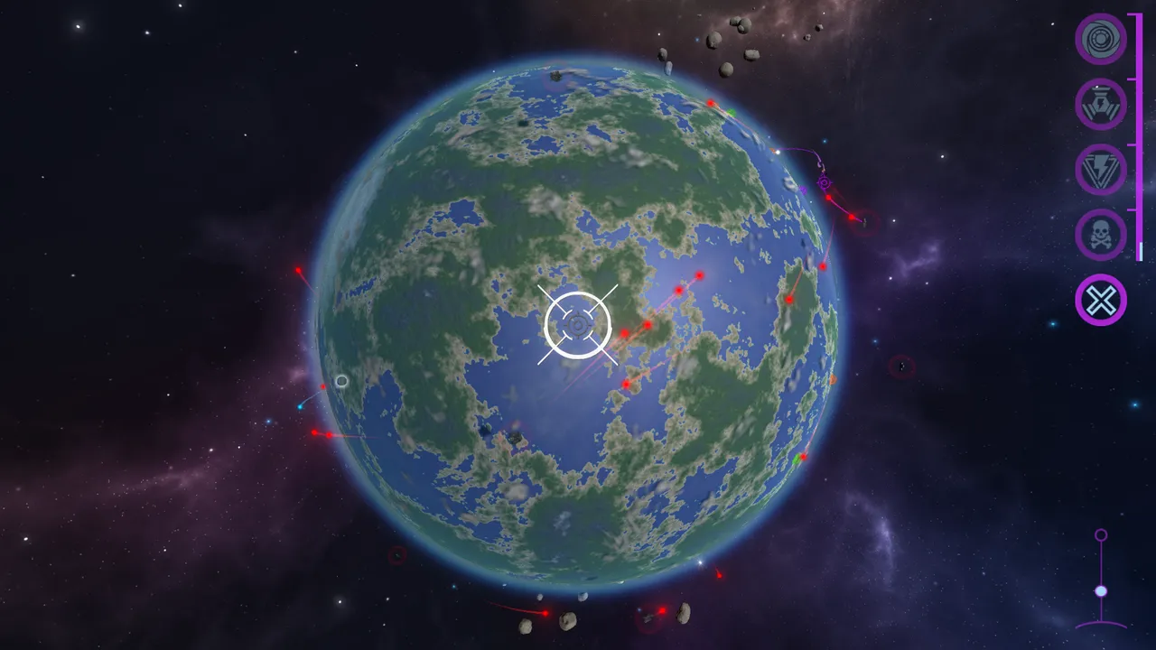 A globe in Earth-like colors but with non-Earth-shaped landmasses is orbited by red bombs