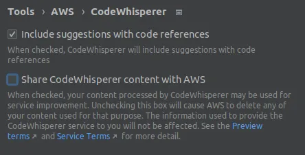 CodeWhisperer settings in IntelliJ