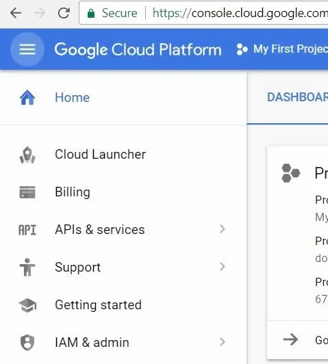 Google Cloud Platform main menu