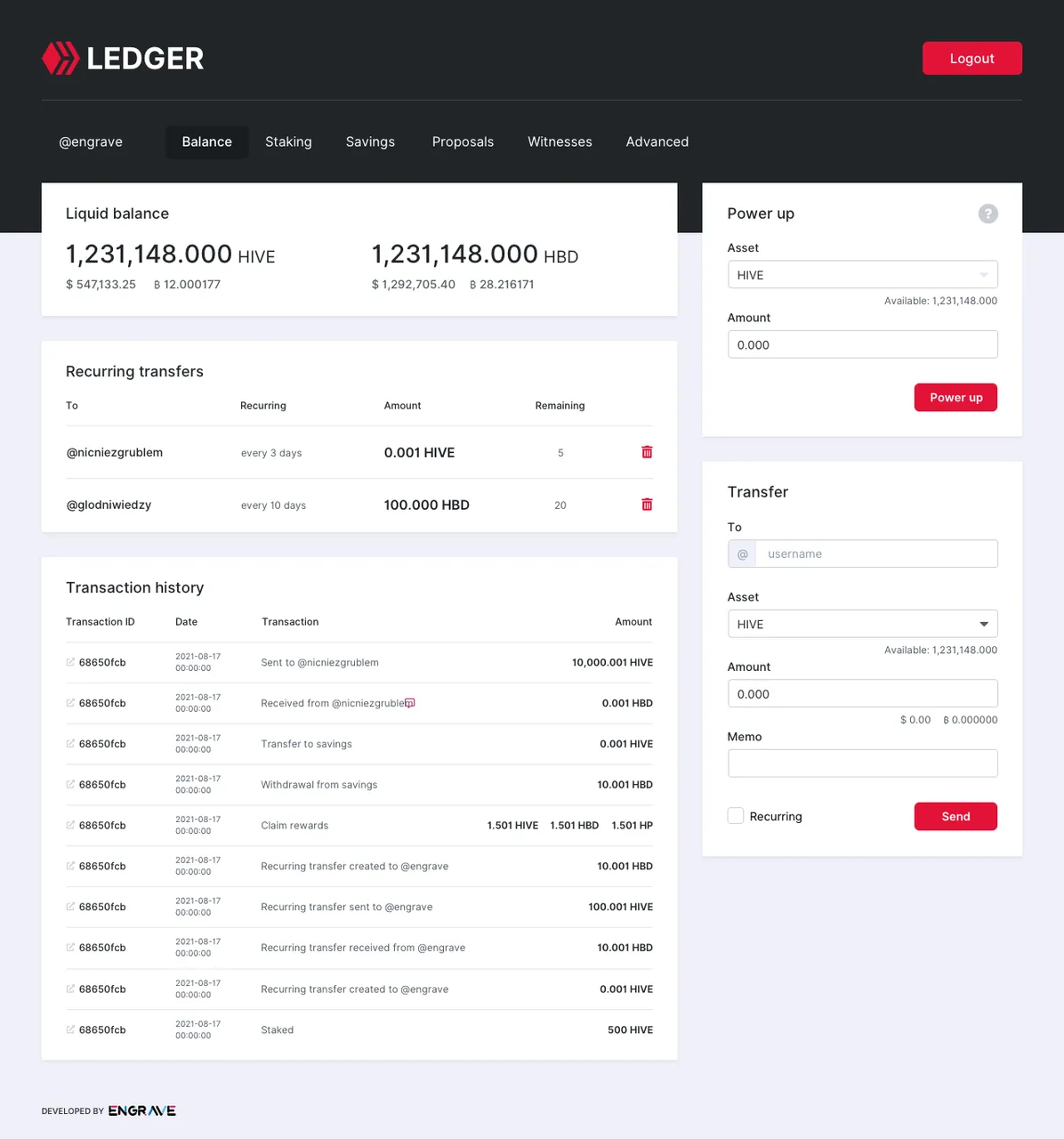 Hive Ledger balance view