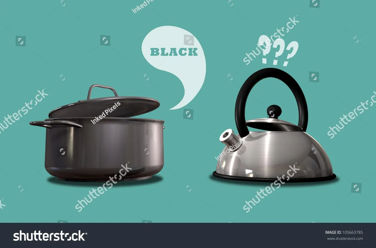 stockphotoaliteraldepictionofanalmostblackcookingpotcallingashinymetalkettleblack105663785.jpg