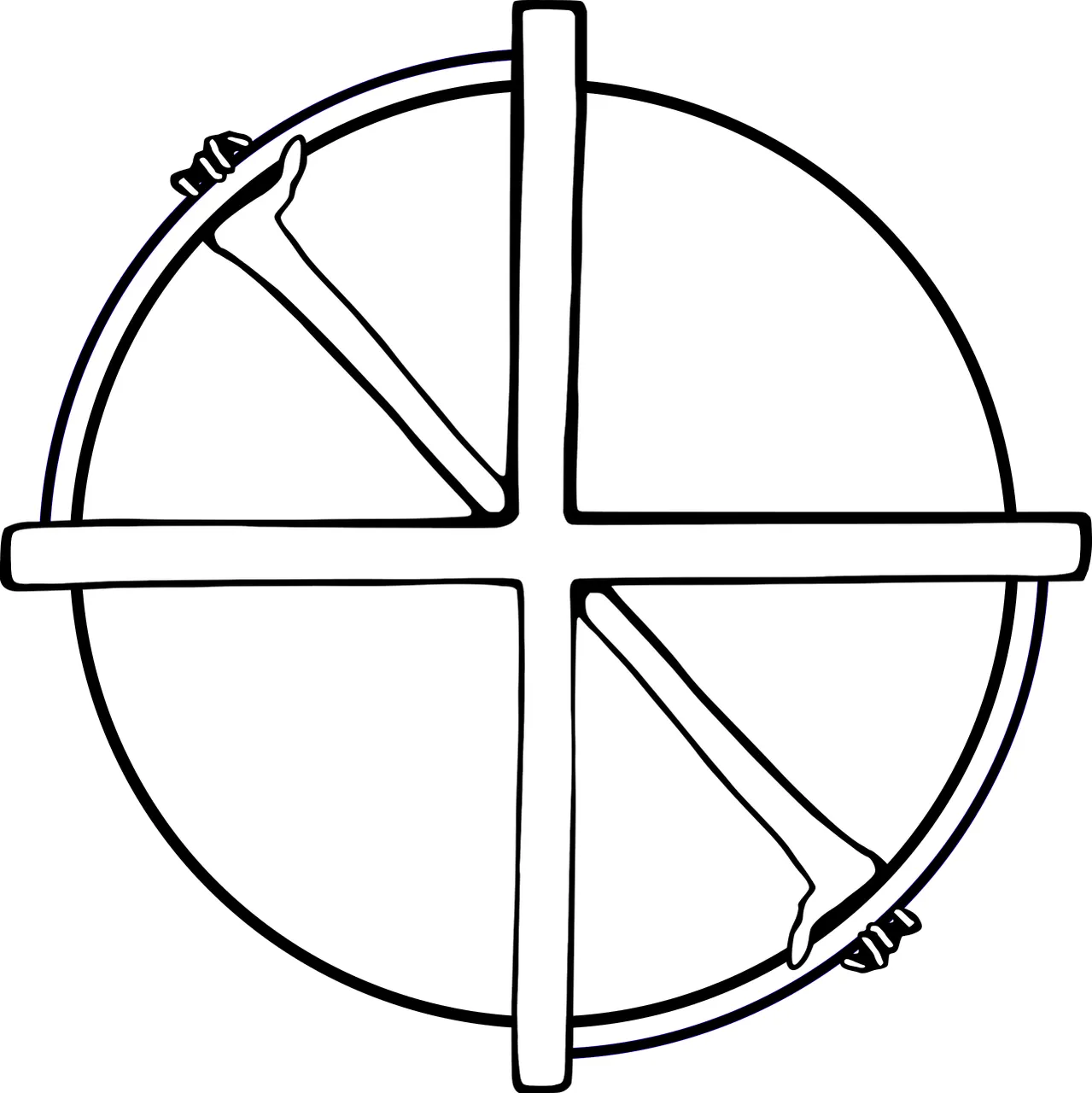 Vector image of a cross inside of a circle, with two arms coming from the axis of the cross, hands gripping the outside of the wheel