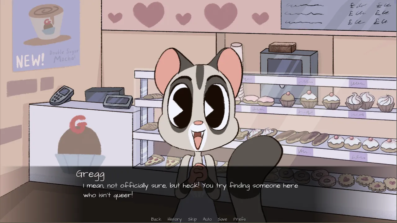 Gregg, a nonbinary... ferret? squirrel? raccoon?... remarks that it's hard to find someone in this town who isn't queer