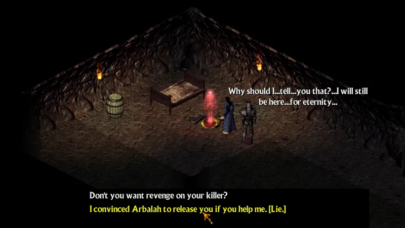 Amaira speaks with a translucent red figure. It asks why it should tell her the location of its treasure; she responds with a lie, saying the priest Arbalah will end the curse if it cooperates.