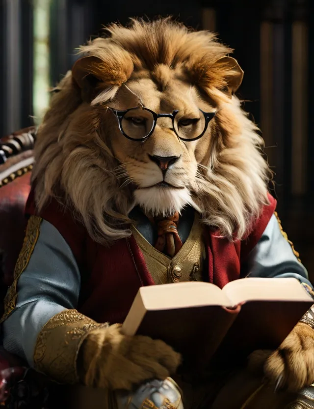 a lion with human traits that looks very wise sitting down and reading a book