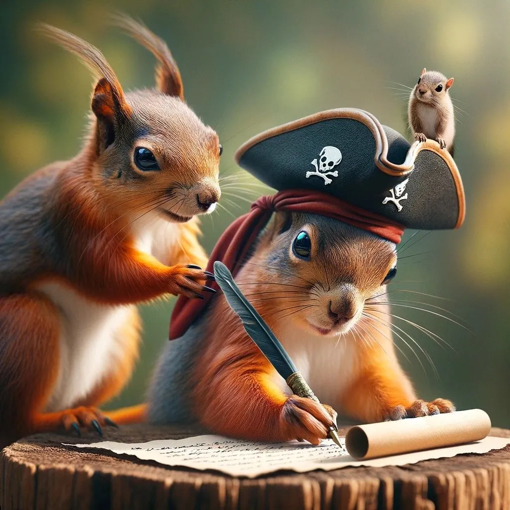 DALL·E 2024-02-15 15.45.01 - Space aroung A photorealistic image showcasing two squirrels in a creative and supportive scene, both wearing pirate tricorn hats. One squirrel is depicted as a wr.webp.jpeg