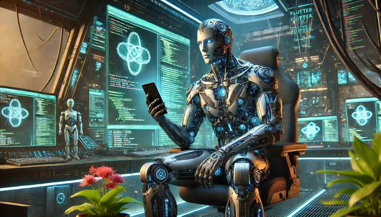 DALLΒ·E 2024-12-31 04.53.16 - An ultra-realistic image of a robotic-hybrid male code god named Cogo, seated in a futuristic spaceship environment with high-tech and botanical eleme.jpg