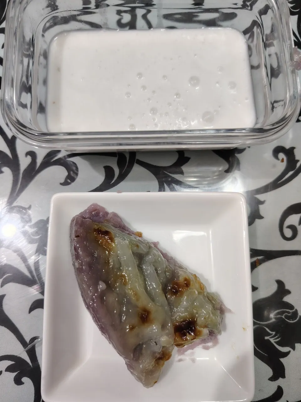 Bibingkang Galapong in Ube Macapuno with thick, rich, and freshly made coconut milk.