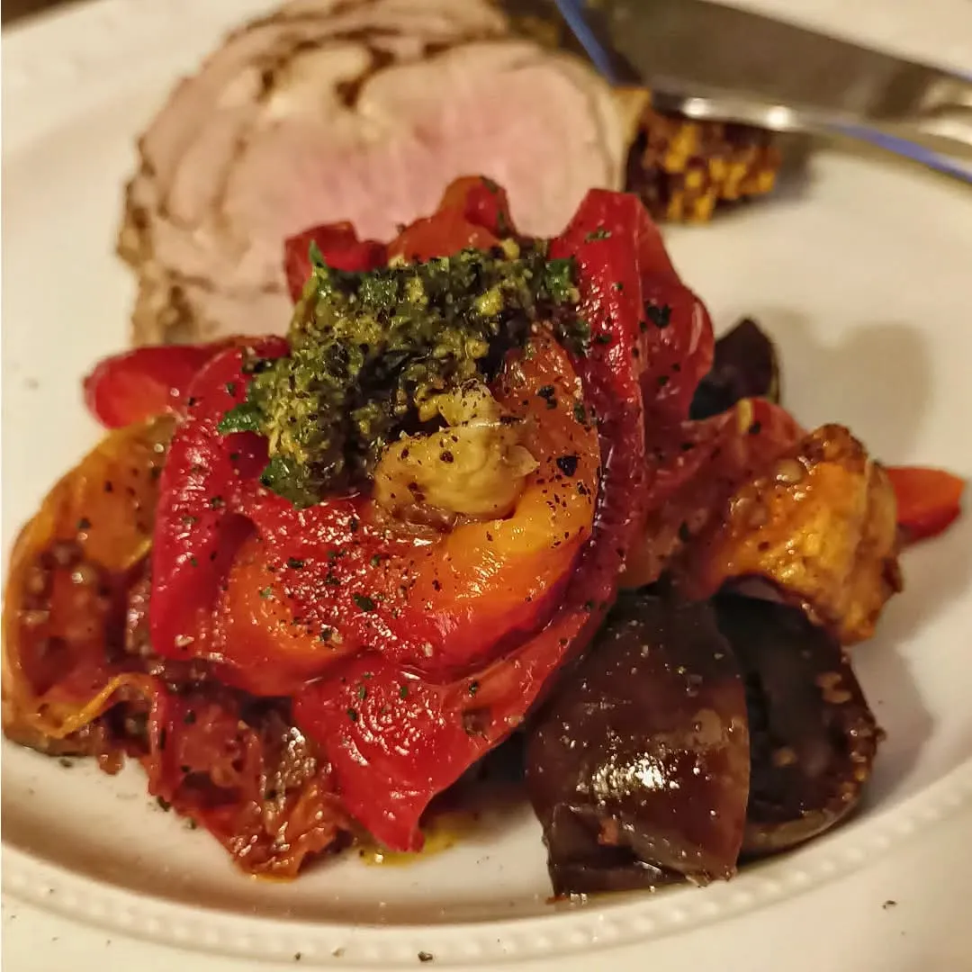 Roast veg, plopped with pesto, and pork loin