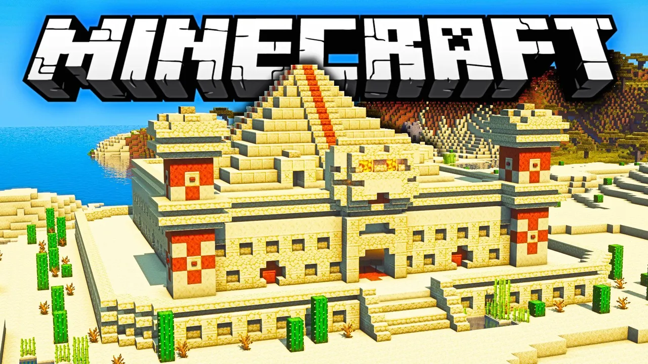 Minecraft pyramid with a cat memorial above the entrance.