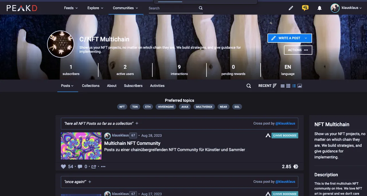 Die Startseite der neuen NFT Mutlichain Communty: Schon jetzt haben wir äusserst interssanten Projekte dabei! Bald werden es noch viel mehr: https://peakd.com/c/hive-187174/created
