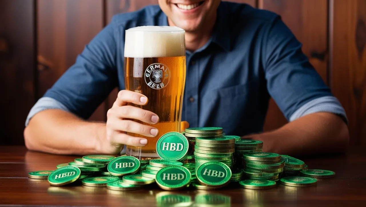 Una persona bebiendo cerveza alemana rodeado de monedas verdes con la palabra _HBD_.jpg