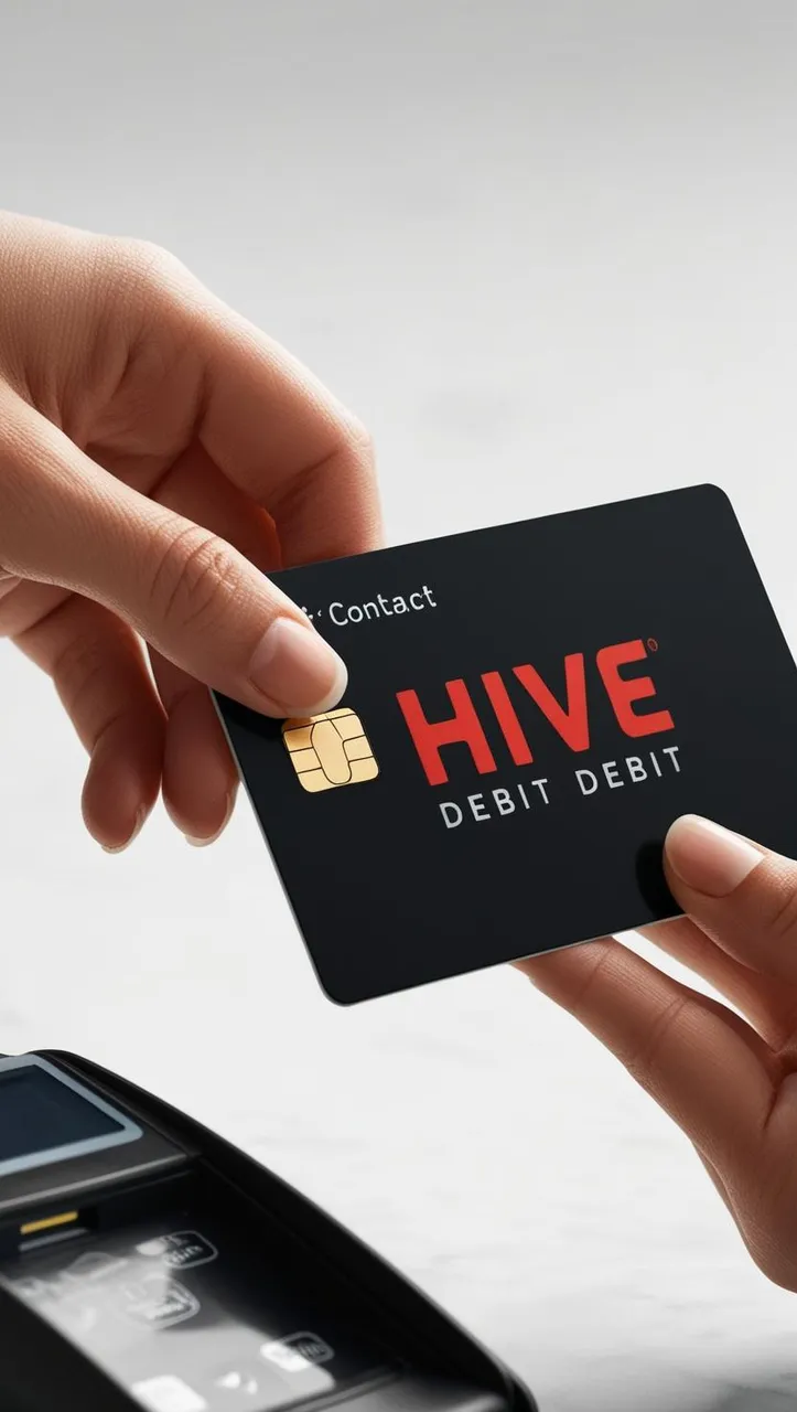 A black credit card called Hive Debit with the name in red being use to pay with a simple tap.jpg