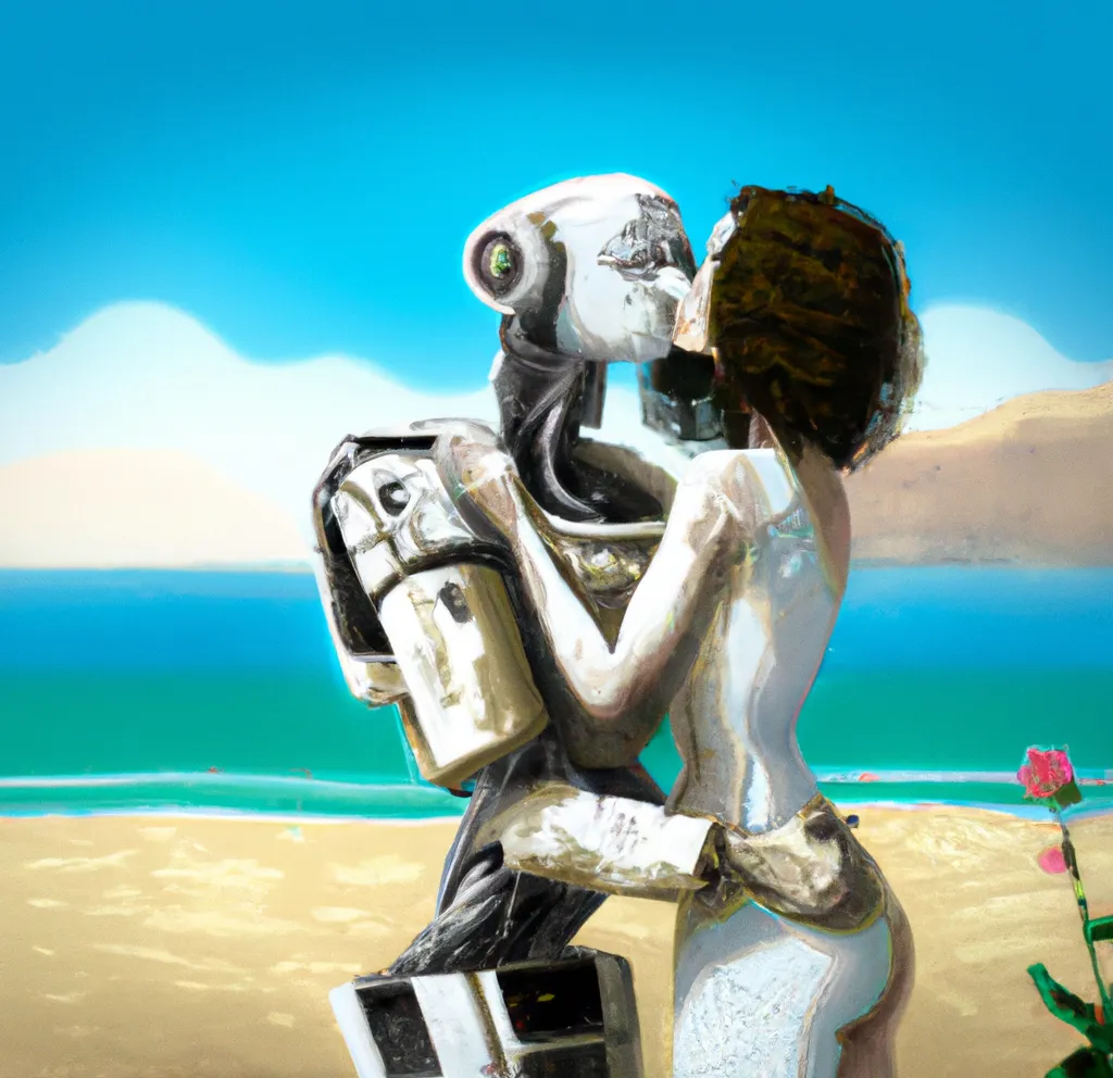 DALL·E 2023-02-25 11.10.04 - Digital art of a primitive male Neanderthal kissing a cute female white robot on the beach on a sunny day.png