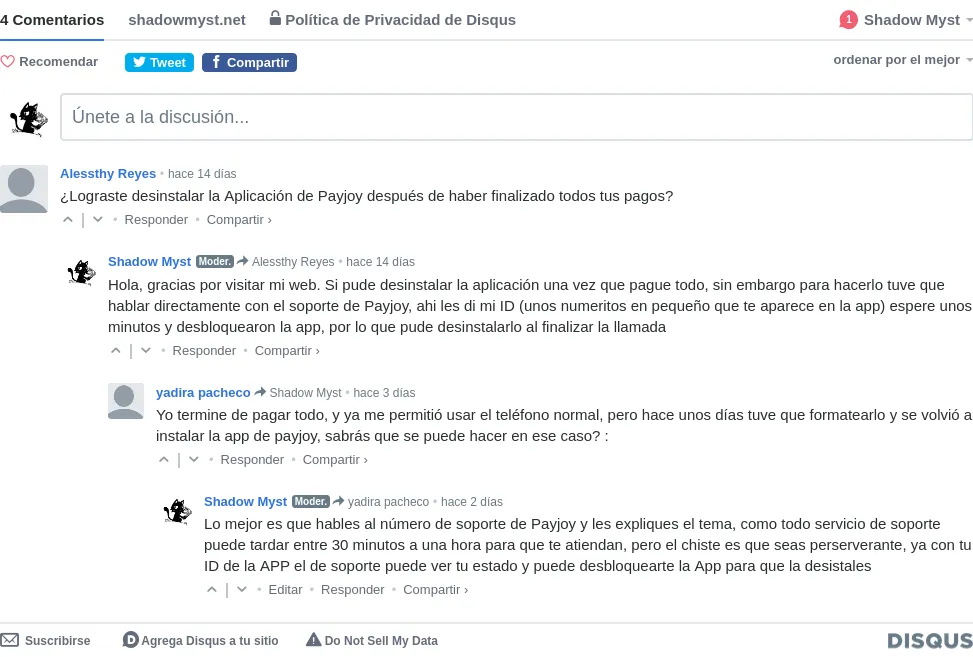 Por ejemplo en shadowmyst.net me ha gustado que mi post de Payjoy ha sido comentado y me gusta responder a dichos comentarios