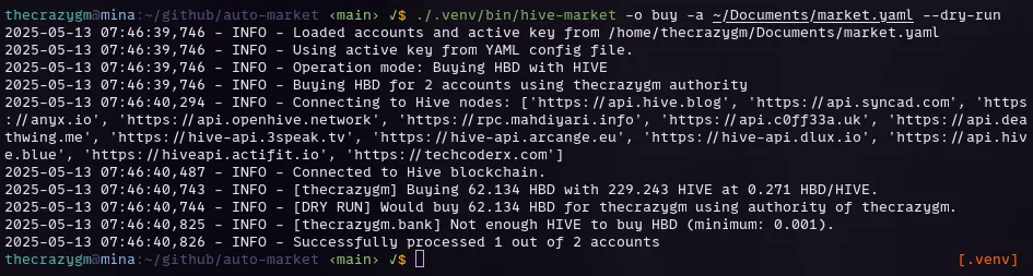 Dry run of hive-market set to buy HBD.