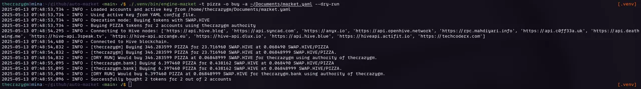 Dry run of engine-market set to buy PIZZA token.