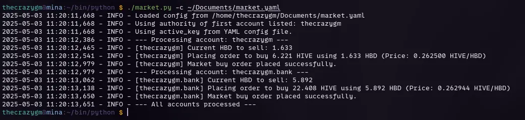 Running the script to sell HBD.
