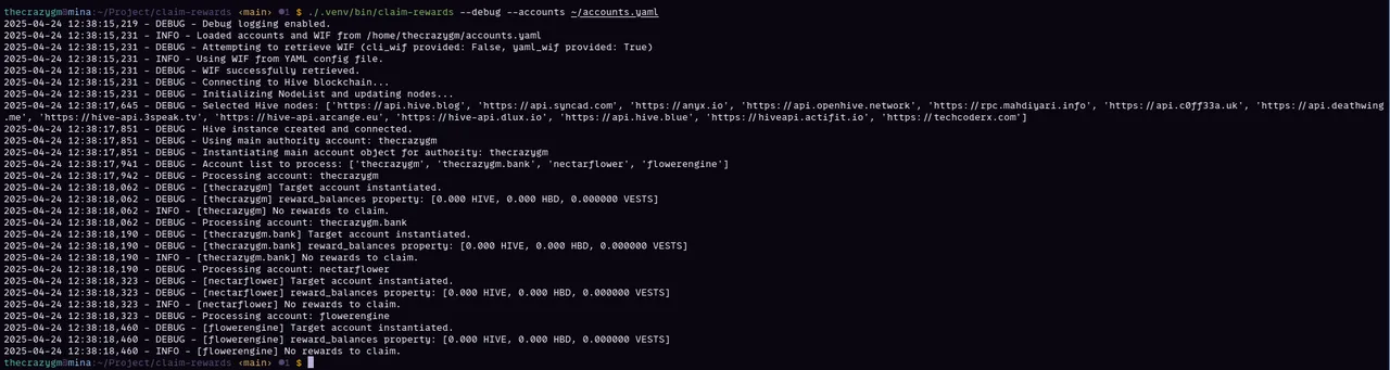 Running with --debug flag for more detailed logs.