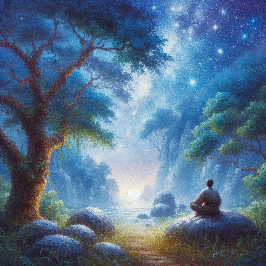 Image created with Bing Image Creator using "painting of a man looking into the stars in quiet contemplation" as the search