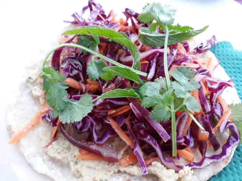 asian slaw, hummus, flatbread, naan